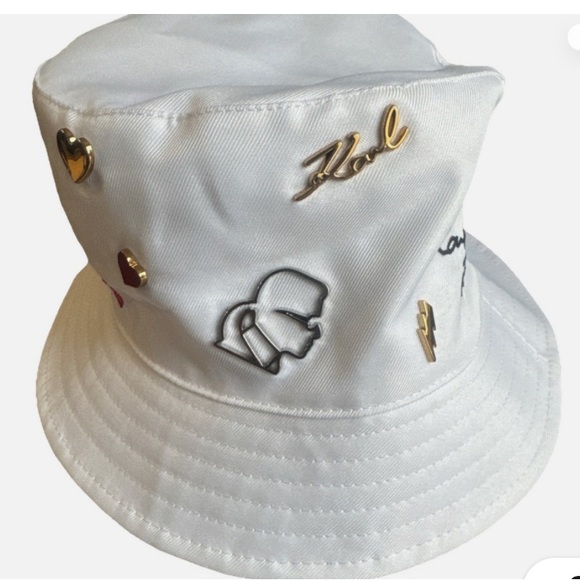 Karl Lagerfeld White Bucket Hat with Pins